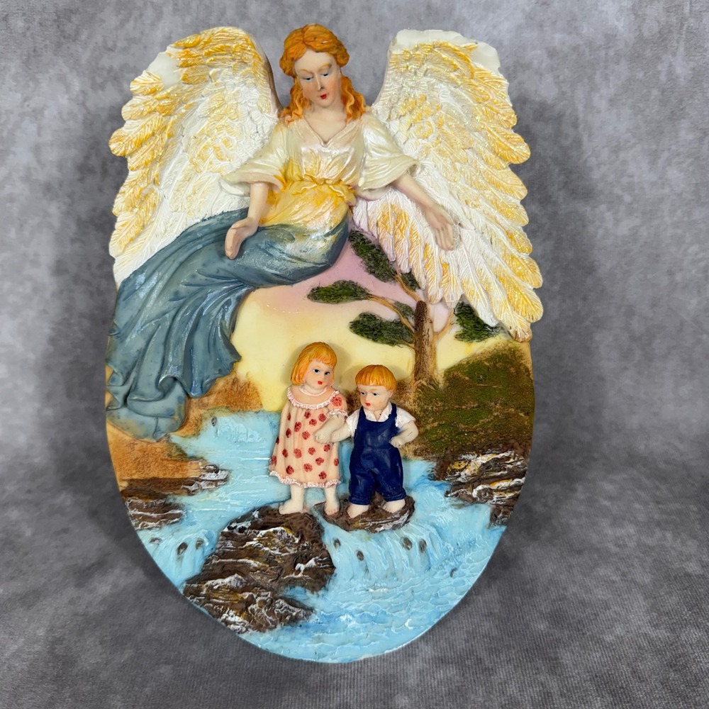 Vtg Suanti Guardian Angel Children Water Crossing 3D Relief Wall Plaque Frame 8"
